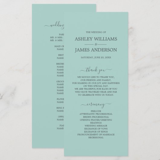 Chic Script Pastel Blue Einfache Minimale Hochzeit Programm (Vorne/Hinten)