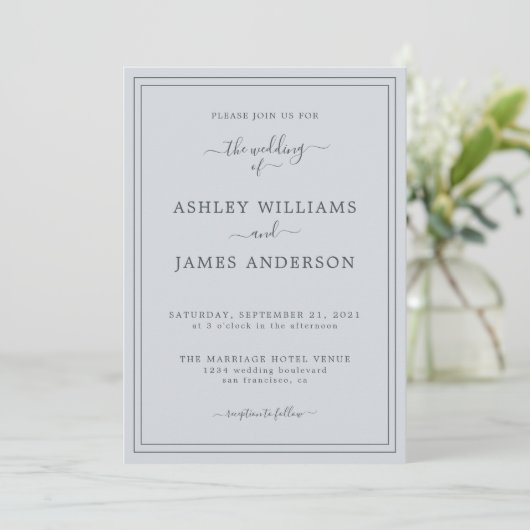 Chic Script Pastel Blue Wedding Einladung (Stehend Vorderseite)