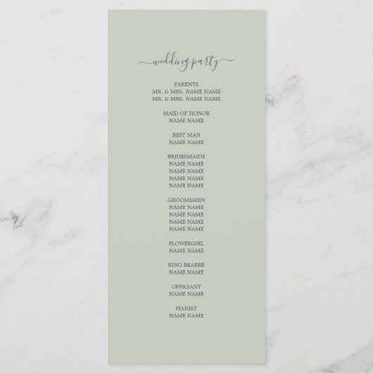 Chic Script Pastel Green einfache Minimal-Hochzeit Programm (Rückseite)