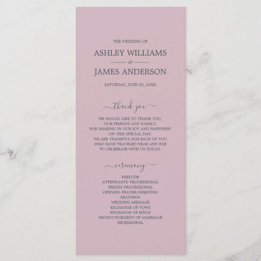 Chic Script Pastel Lila einfache Minimal Hochzeit Programm (Vorderseite)