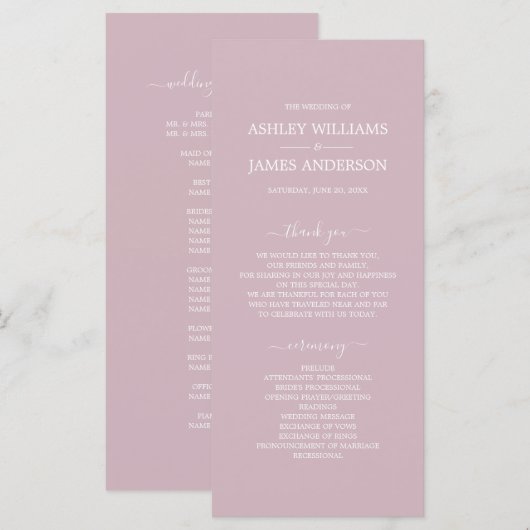 Chic Script Pastel Lila einfache Minimal Hochzeit Programm (Vorne/Hinten)