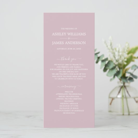 Chic Script Pastel Lila einfache Minimal Hochzeit Programm (Stehend Vorderseite)