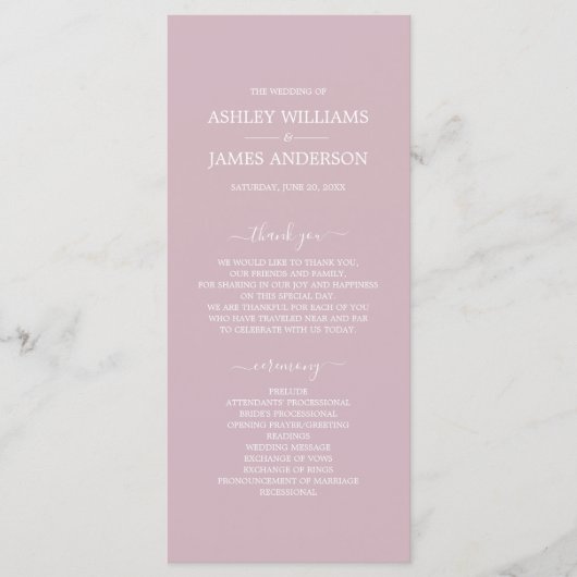 Chic Script Pastel Lila einfache Minimal Hochzeit Programm (Vorderseite)