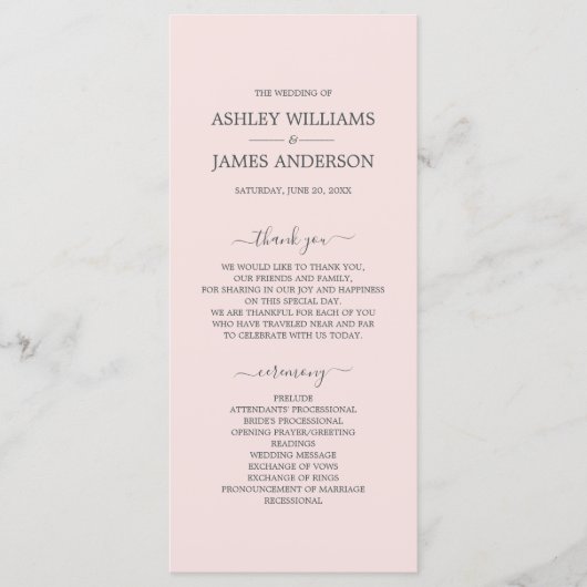 Chic Script Pastel Pink Einfache Minimale Hochzeit Programm (Vorderseite)