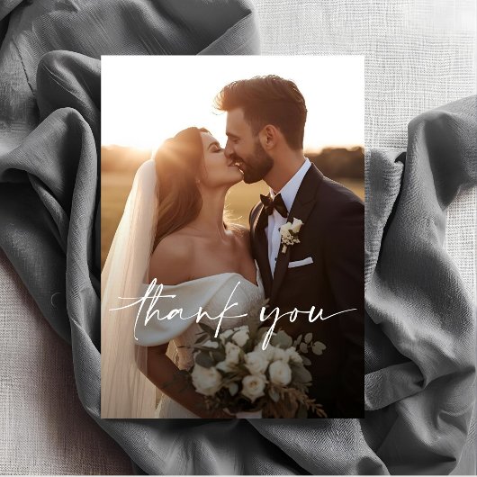 Chic Script Photo Overlay Wedding  Thank You Card Dankeskarte