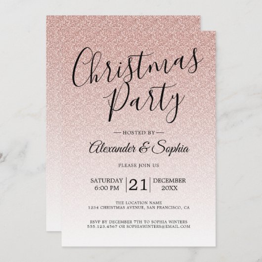 Chic Script Pink Glitzer Ombre Party Einladung (Vorne/Hinten)