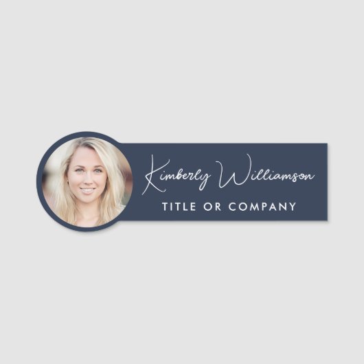 Chic Script Professional Blue Photo Namensschild (Vorderseite)