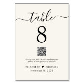 Chic Script QR Code Cream Wedding Reception Tischnummer (Rückseite)