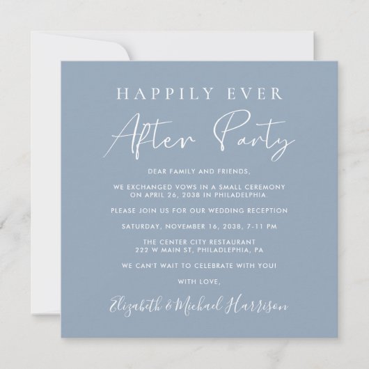 Chic Script QR Code Dusty Blue Wedding Reception Einladung (Vorderseite)
