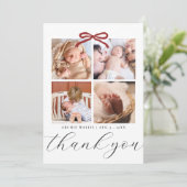 Chic Script Red Ribbon 4 Photo Baby Shower Dankeskarte (Stehend Vorderseite)