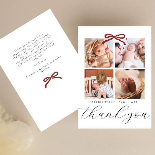 Chic Script Red Ribbon 4 Photo Baby Shower Dankeskarte