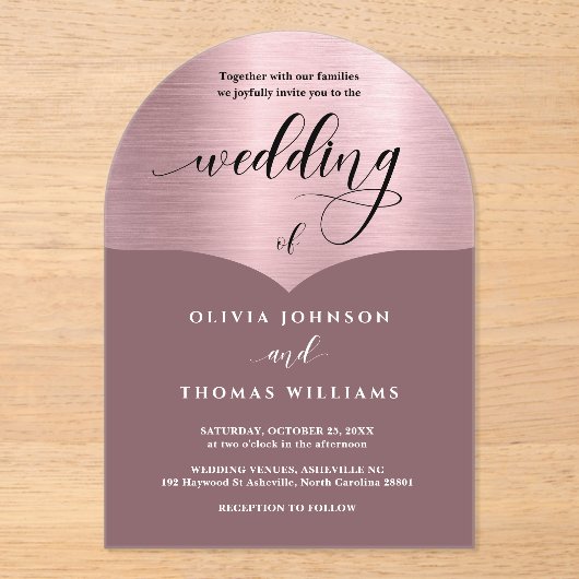 Chic Script Rosa Rose Gold Arch Wedding Acryleinladungen (Vorderseite)