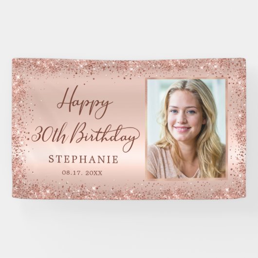 Chic Script Rose Gold Glitzer Foto 30. Geburtstag Banner (Horizontal)