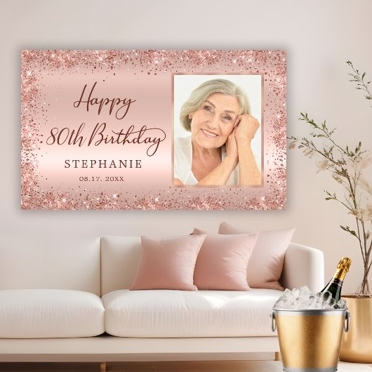 Chic Script Rose Gold Glitzer Foto 80. Geburtstag Banner