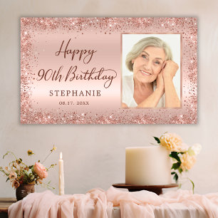 Chic Script Rose Gold Glitzer Foto 90. Geburtstag Banner