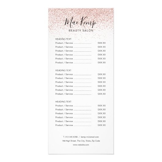 Chic Script Rose Gold Glitzer Salon Service Menü (Vorne)