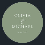 Chic Script Sage Green Minimalist Wedding Runder Aufkleber<br><div class="desc">Add a personal and elegant touch to your wedding favors, envelopes, or packaging with this minimalist round sticker featuring your custom name in a graceful script font. Designed to complement a modern and timeless wedding theme, this classic Sage Green and white design pairs beautifully with any part of your celebration....</div>