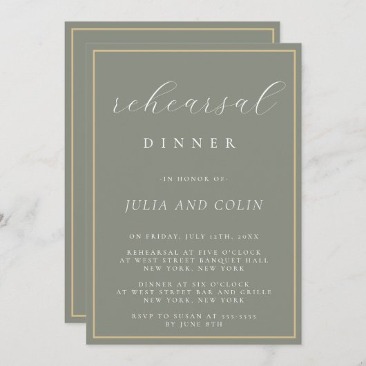 Chic Script Sage Green Probe Dinner Einladung (Vorne/Hinten)