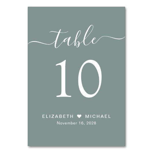 Chic Script Sage Green Wedding Reception Tischnummer (Rückseite)