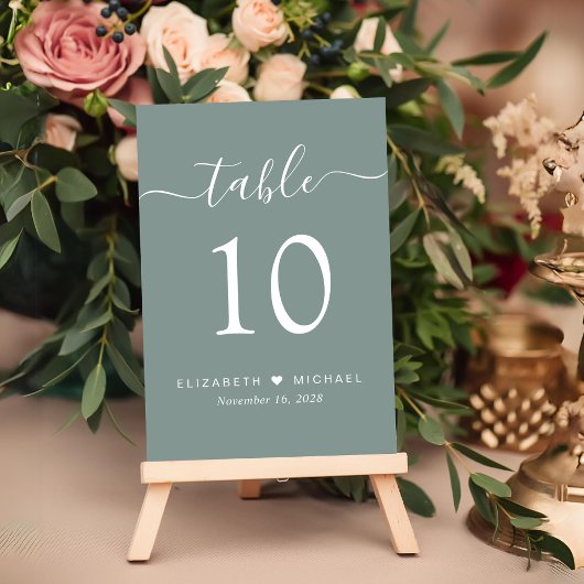Chic Script Sage Green Wedding Reception Tischnummer