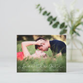 Chic Script Save the Date Foto Verlobung Postkarte (Stehend Vorderseite)