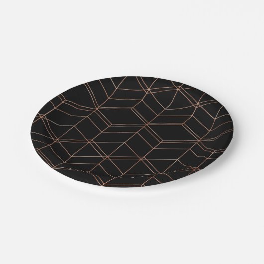 Chic Script Schwarz & Kupfer Geometrisches Muster Pappteller (Schrägansicht)