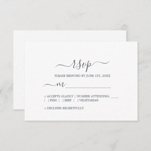 Chic Script Schwarz-weiß Minimal Wedding RSVP Karte (Vorne/Hinten)
