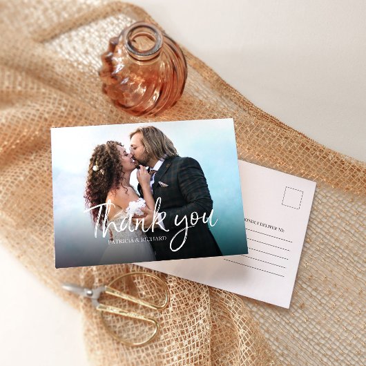 Chic Script Simple elegante Hochzeit Danke Foto Postkarte
