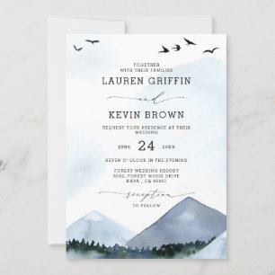 Chic Script Slate Blue Mountains Forest Wedding Einladung