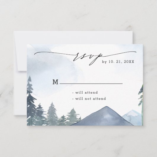 Chic Script Slate Blue Mountains Forest Wedding RSVP Karte (Vorderseite)