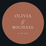 Chic Script Terracotta Minimalist Wedding Runder Aufkleber<br><div class="desc">Add a personal and elegant touch to your wedding favors, envelopes, or packaging with this minimalist round sticker featuring your custom name in a graceful script font. Designed to complement a modern and timeless wedding theme, this classic Terracotta and white design pairs beautifully with any part of your celebration. Perfect...</div>