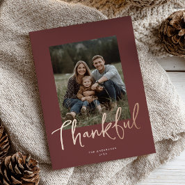 Chic Script Thanksgiving Photo Burgundy Rose Gold  Folien Feiertagskarte