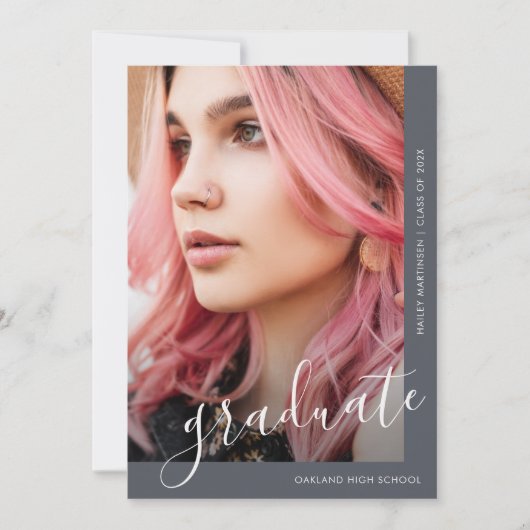 Chic Script Two Foto Blue Abschluss Ankündigung (Vorderseite)