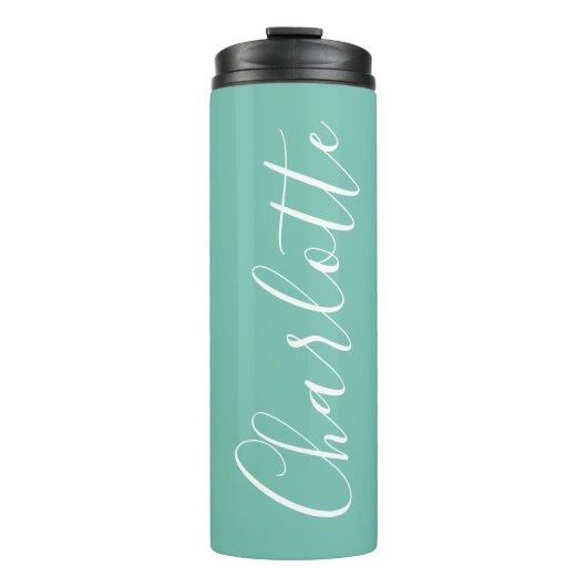 Chic Script Typografie Personalisiert Moderne Aqua Thermosbecher (Vorderseite)