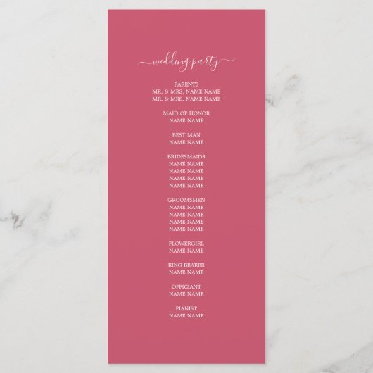 Chic Script warm Rosa Einfache Minimale Hochzeit Programm (Rückseite)