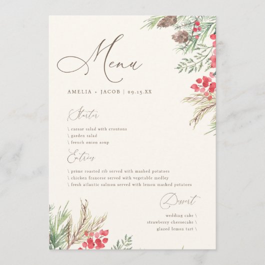 Chic Script Watercolor Wintergrün Hochzeit Menükarte (Vorderseite)