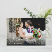 Chic Script Wedding Foto für immer dankbar Dankeskarte (Stehend Vorderseite)