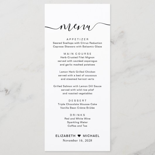 Chic Script Wedding Reception Menükarte (Vorderseite)