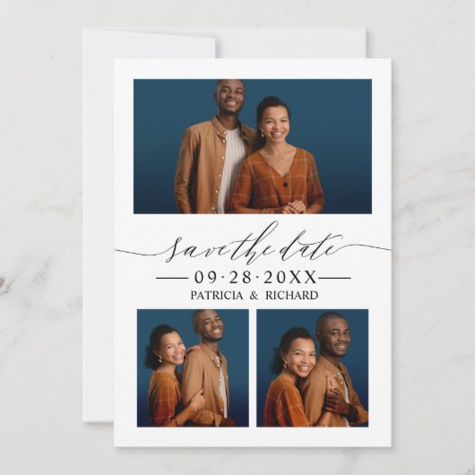 Chic Script Wedding Save the Date 3 Foto Collage Einladung (Vorderseite)