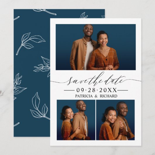 Chic Script Wedding Save the Date 3 Foto Collage Einladung (Vorne/Hinten)