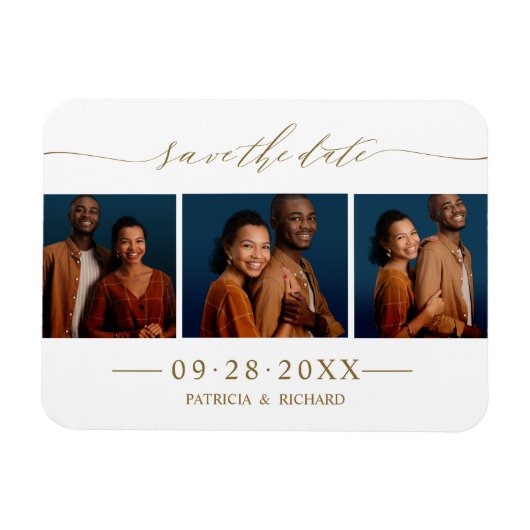 Chic Script Wedding Save the Date 3 Foto Collage Magnet (Horizontal)