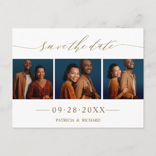 Chic Script Wedding Save the Date 3 Foto Collage Postkarte (Vorderseite)