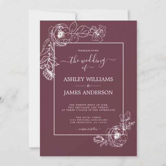 Chic Script White Floral Kontur Burgundy Wedding Einladung (Vorderseite)