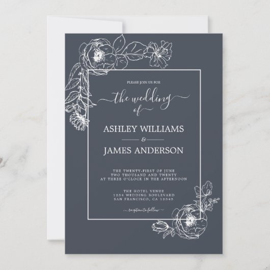 Chic Script White Floral Kontur Dark Blue Wedding Einladung (Vorderseite)