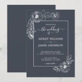 Chic Script White Floral Kontur Dark Blue Wedding Einladung (Vorne/Hinten)