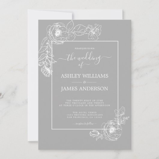 Chic Script White Floral Kontur Gray Wedding Einladung (Vorderseite)
