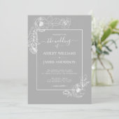 Chic Script White Floral Kontur Gray Wedding Einladung (Stehend Vorderseite)