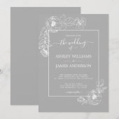 Chic Script White Floral Kontur Gray Wedding Einladung (Vorne/Hinten)