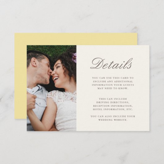 Chic Script Yellow Wedding Details Foto Begleitkarte (Vorne/Hinten)