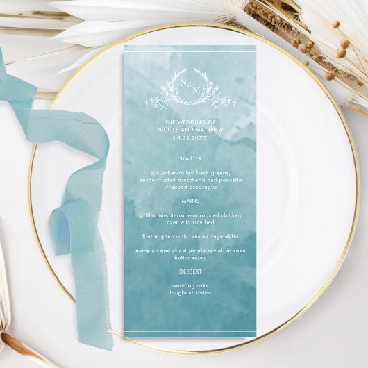Chic Sea Glass Watercolor, Monogram Wedding Menu Menükarte